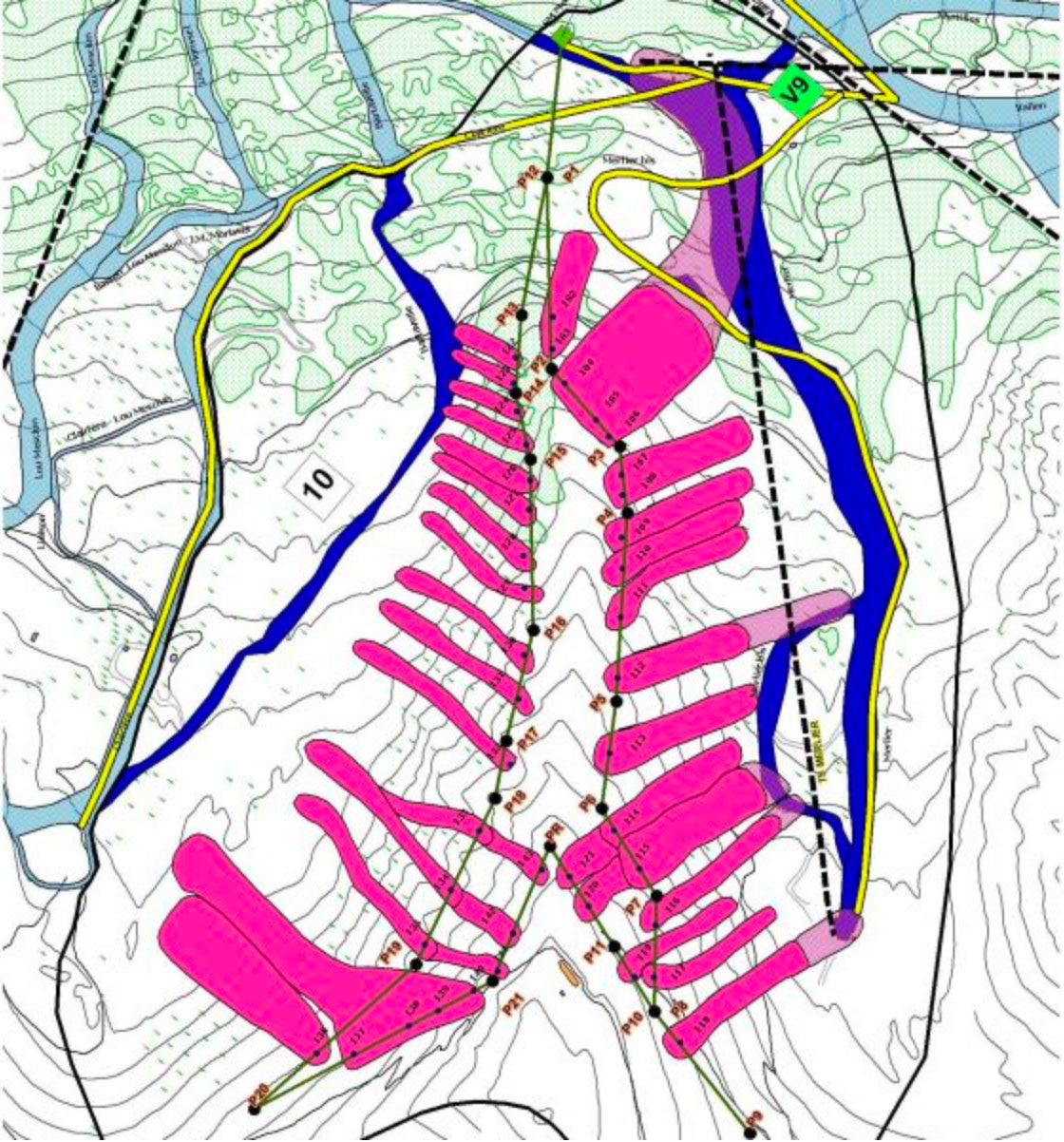 Schéma d'un tracé Catex sur le plan d'intervention et de déclenchement d'avalanches